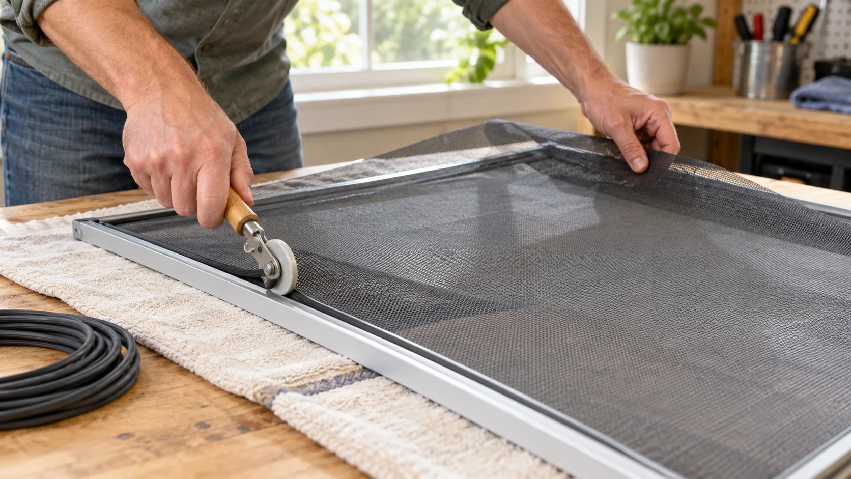 Replace torn window screen mesh: hands guide a new dark fiberglass sheet across a removable frame before spline is rolled into the groove.