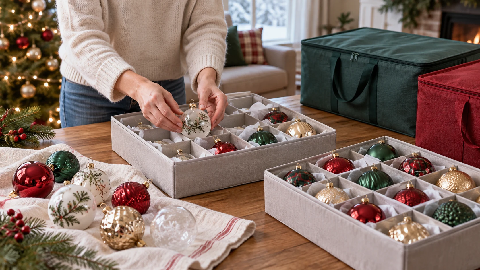 After-holiday ornament storage: hands place a delicate ornament in a divided tray beside separate grouped decorations.