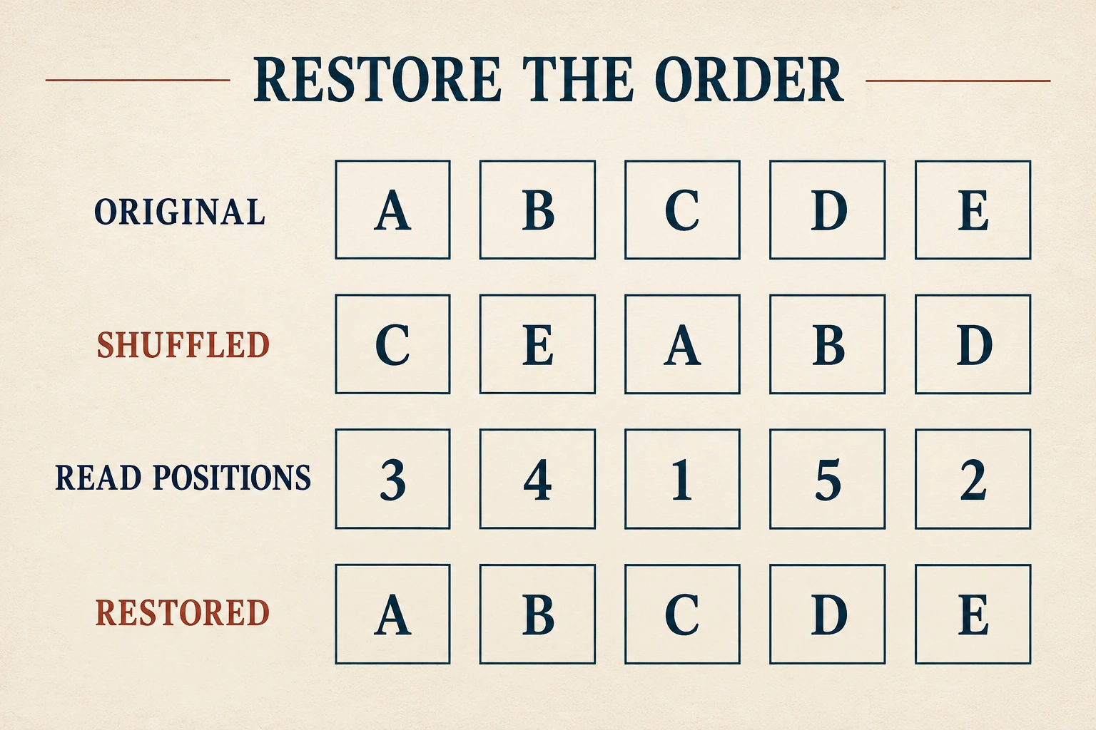 Inverse position map reads shuffled cards C E A B D at positions 3,4,1,5,2 to restore the original row A B C D E.