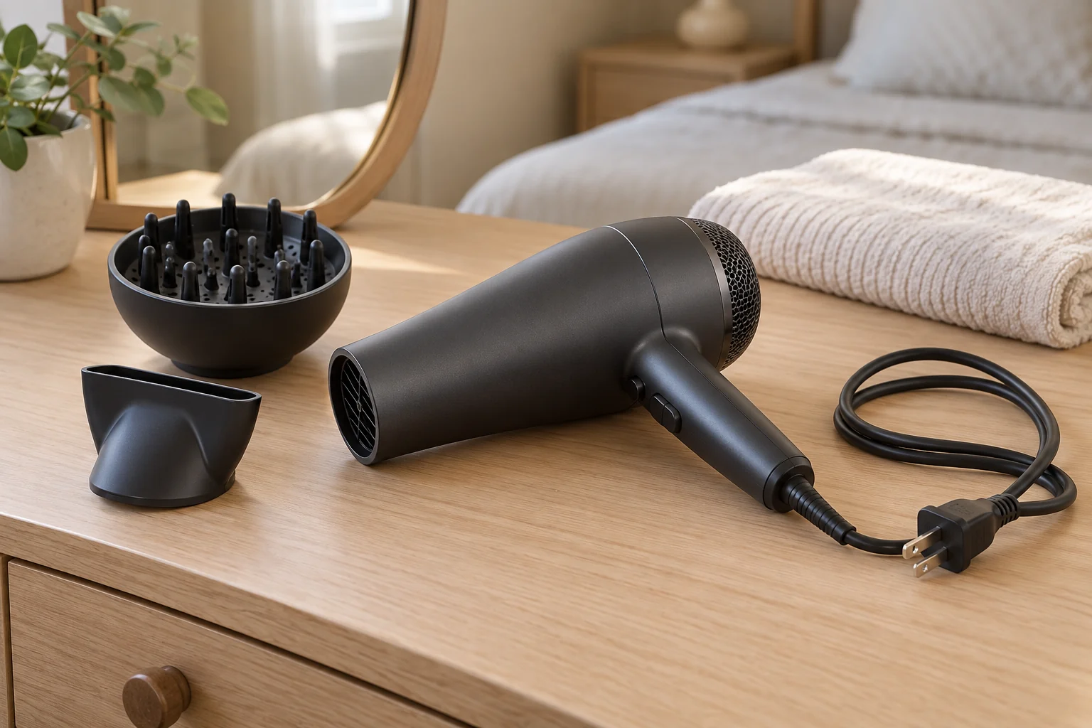 Conceptual cover of hair dryer blowing cold, showing an inactive dryer and separate attachments.