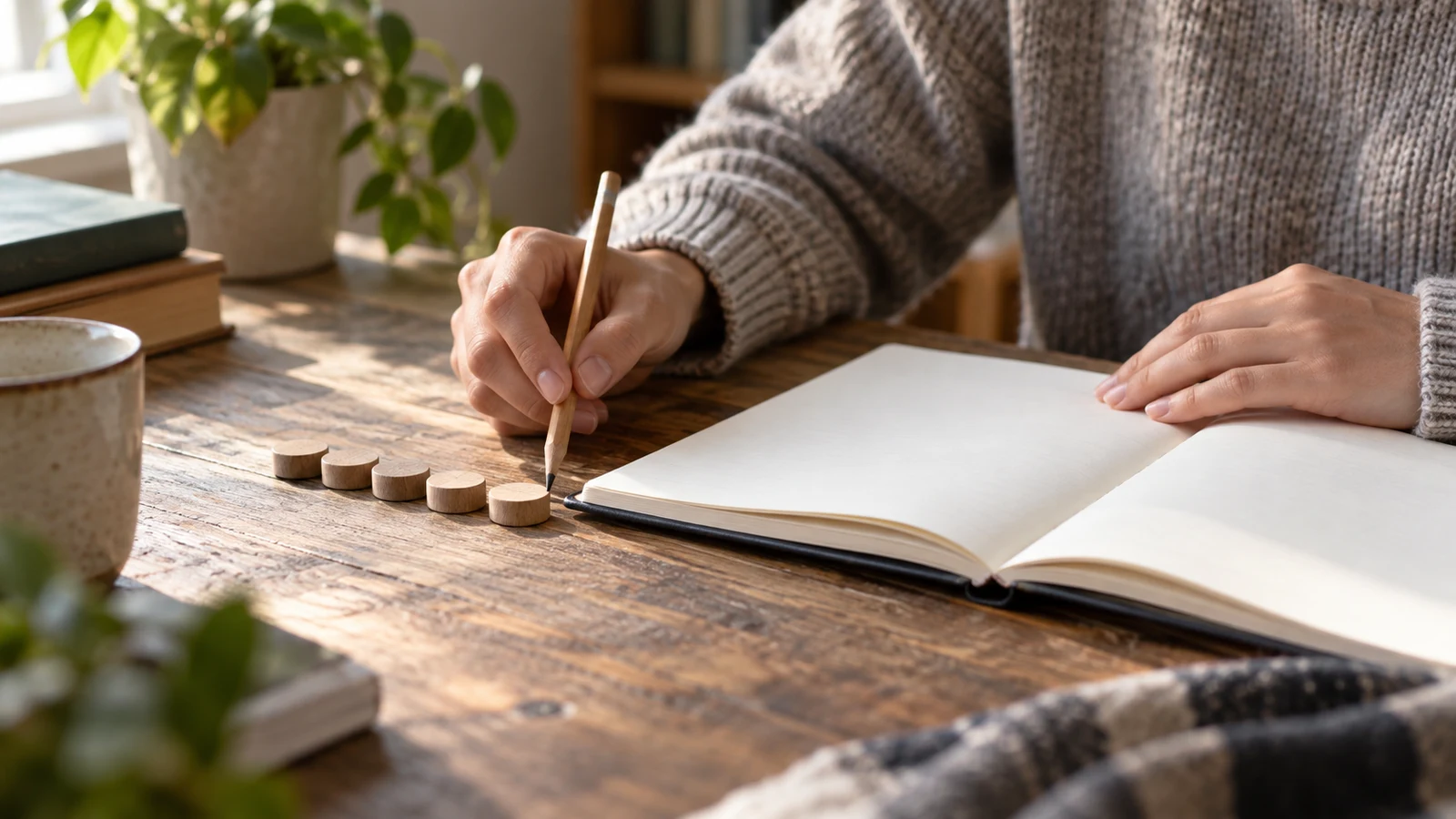 pseudocode tracing: A person holds a pencil beside a row of wooden counters and an open blank notebook.