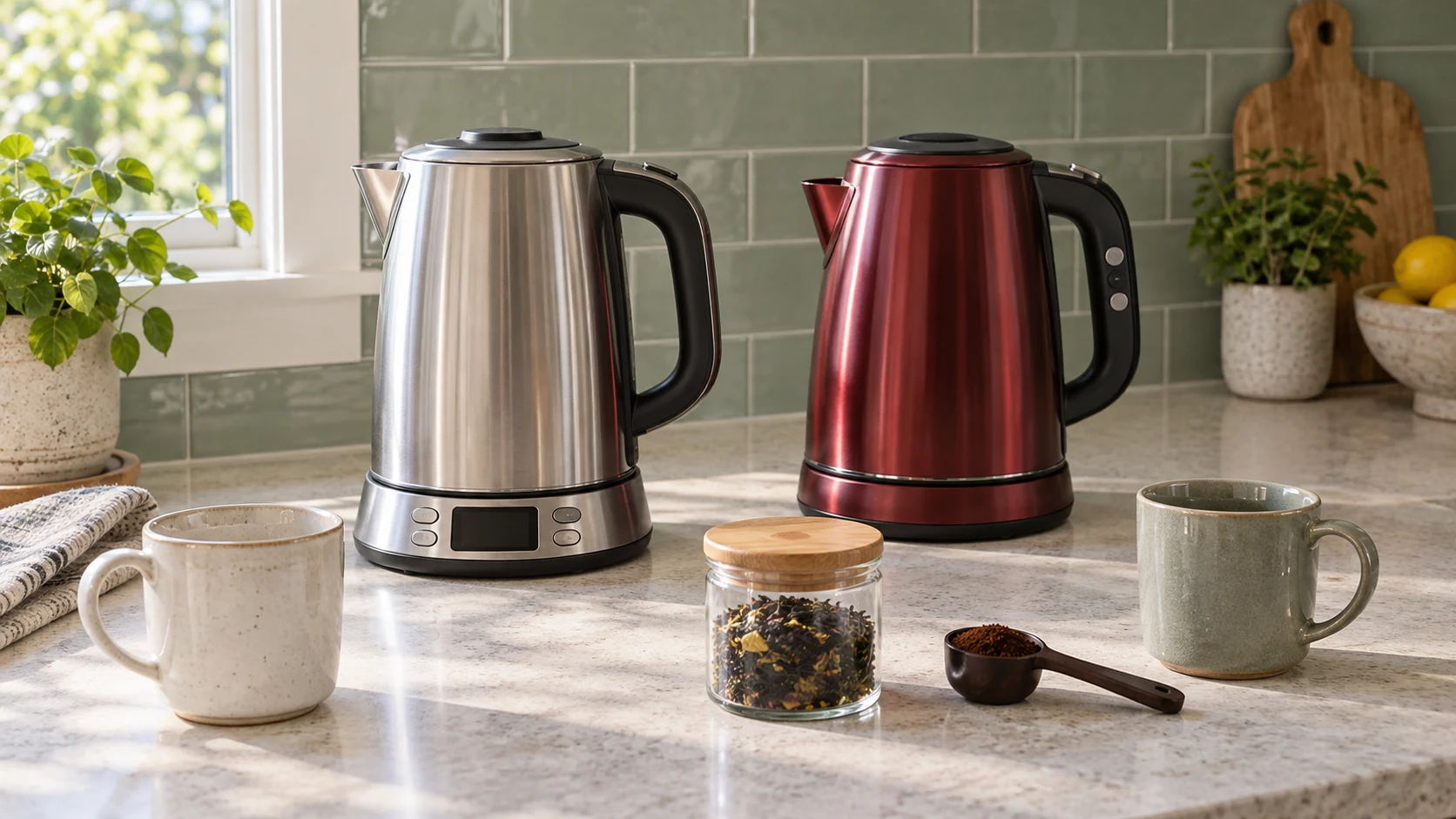 Ninja KT200WMBL vs Cuisinart CPK-17P1R represented by generic kettles and drink supplies; conceptual image, not exact models or measured temperatures.