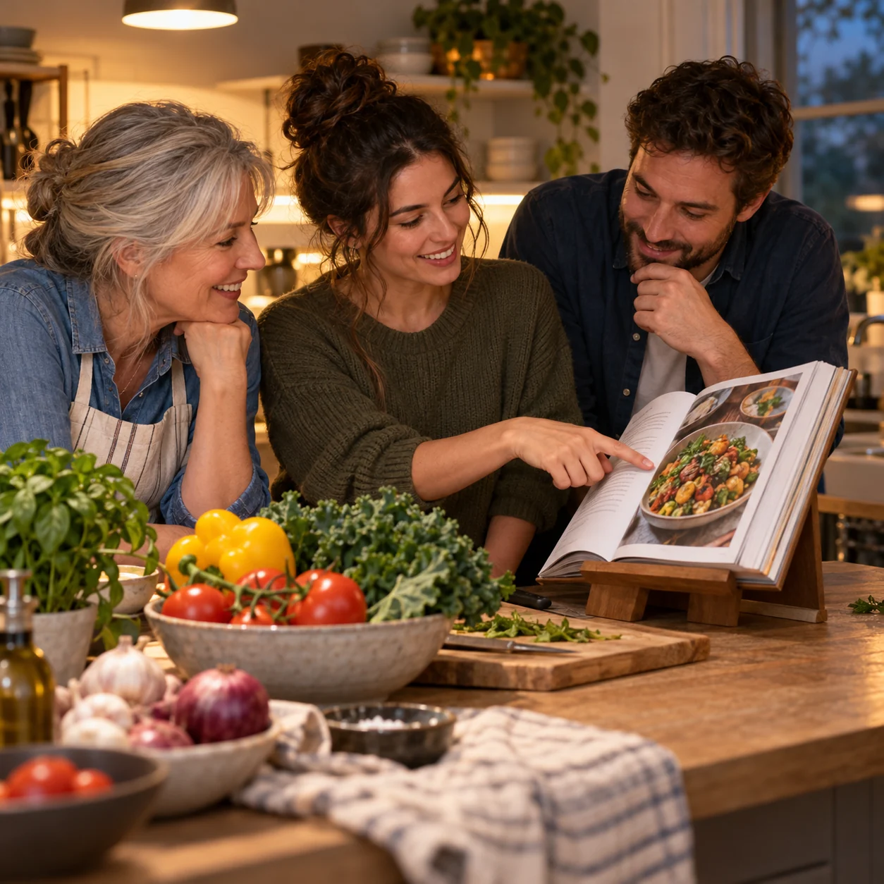 A cookbook stand holding an open dinner recipe as three family cooks choose a dish together beside fresh vegetables.
