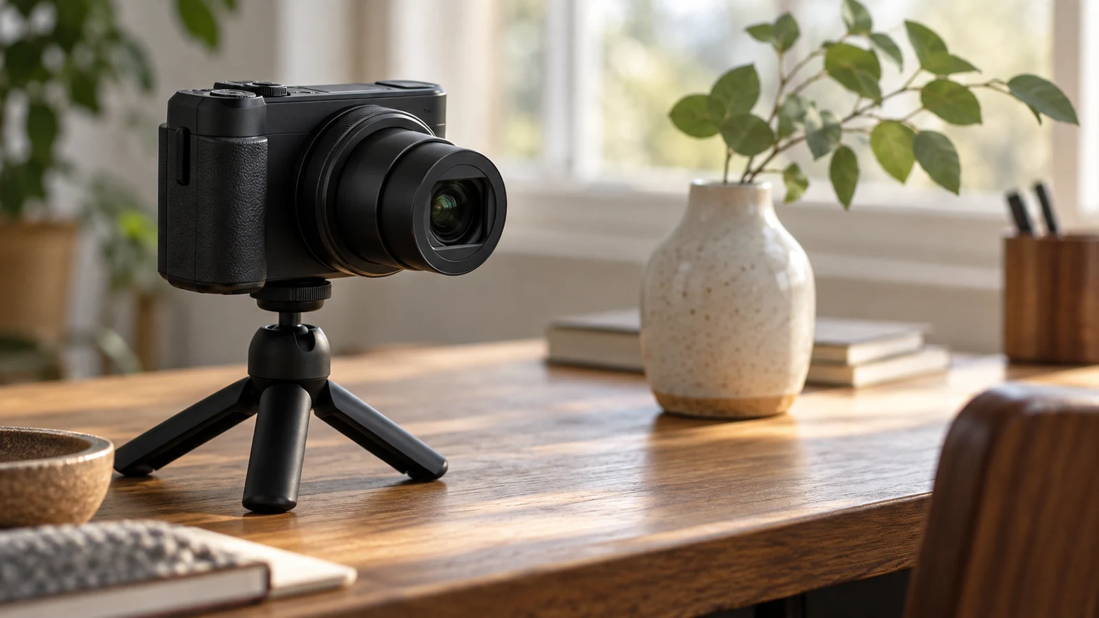 Sony ZV-1 II framing grid checks: A black compact camera sits on a tabletop tripod beside a ceramic vase on a wooden desk.