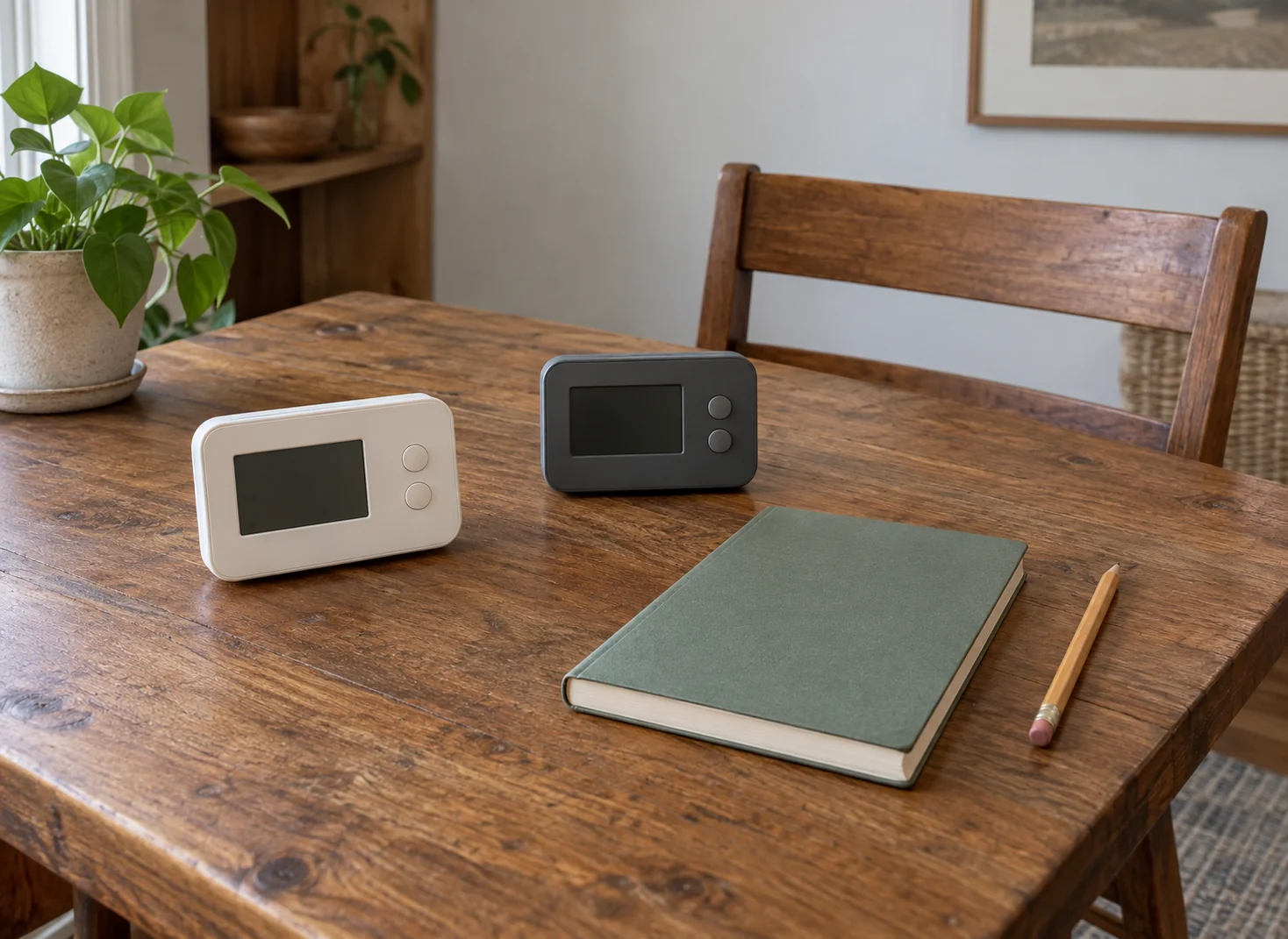 Programmable thermostat savings concept with two whole generic inactive blank-screen controls beside a closed notebook and pencil on a wooden table.