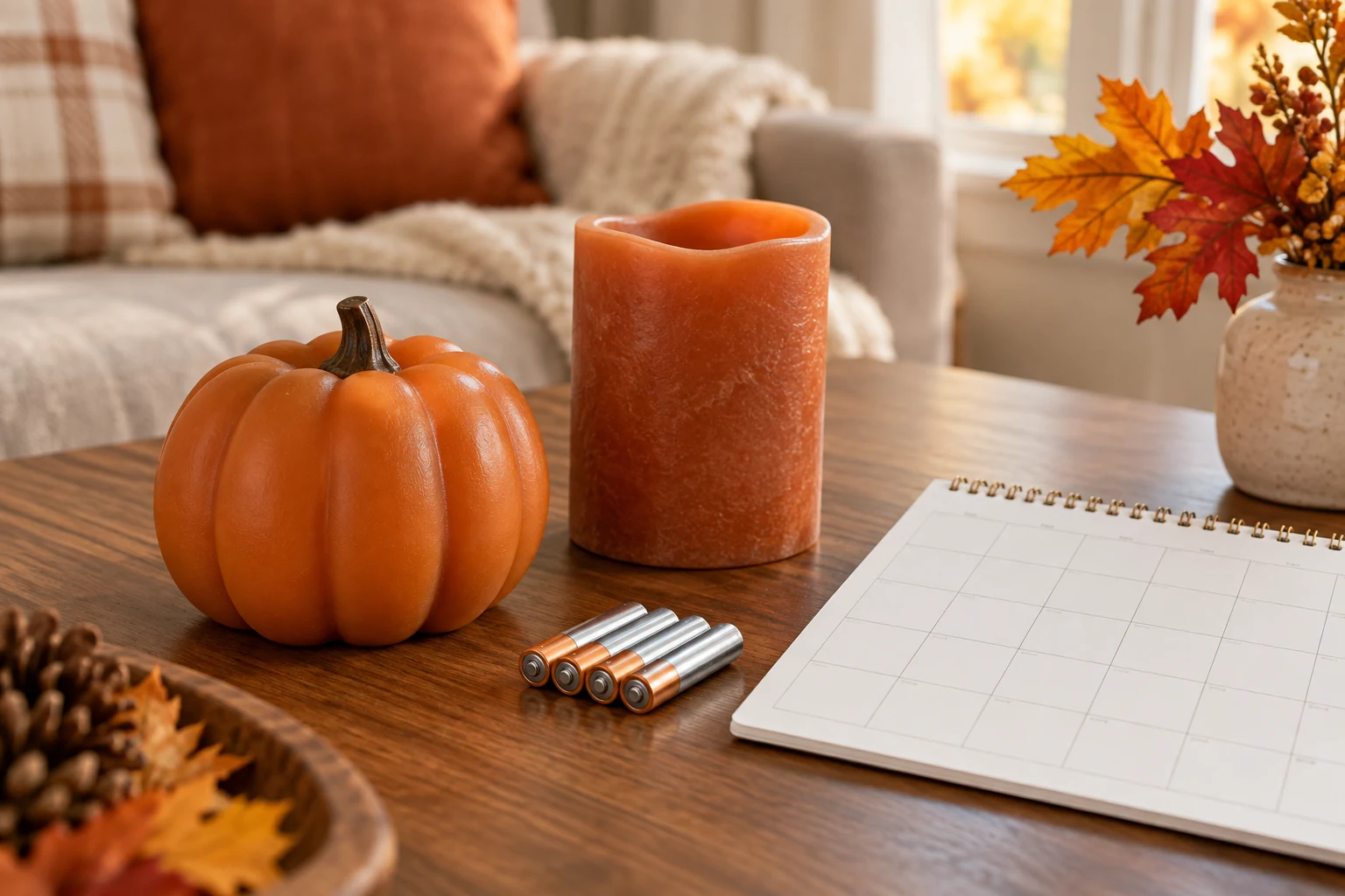Plan AA battery use for seasonal flameless candles with a separate pumpkin accent and russet pillar beside a small AA set and blank calendar.