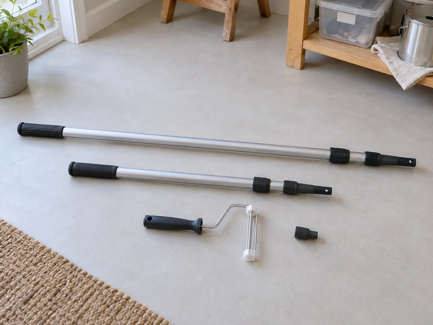 Sherlock GT compatibility concept with two complete generic retracted poles, a separate empty roller frame and a loose generic fitting on a workroom floor.