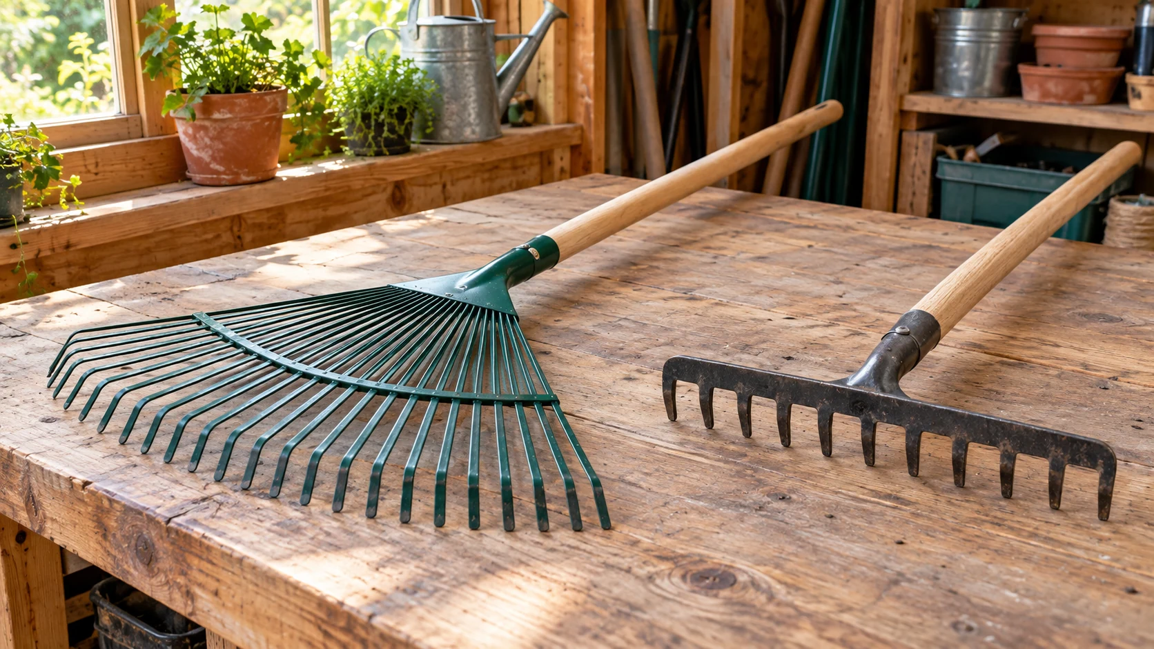 garden rake handle replacement fit check with separate leaf and soil rake heads and handles on a workbench.