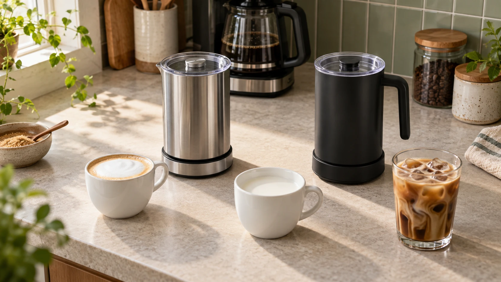 Zwilling Enfinigy vs Nespresso Aeroccino3 represented by generic milk appliances and cups beside coffee; conceptual image, not exact models, supplied tools or tested results.