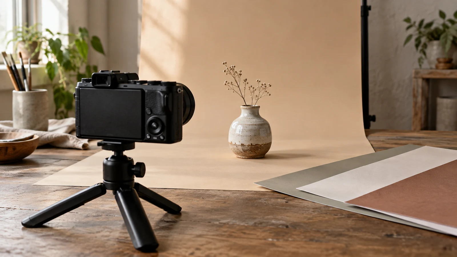 Sony ZV-1 II photo background planning: A camera on a tripod faces a ceramic vase against a beige paper backdrop.