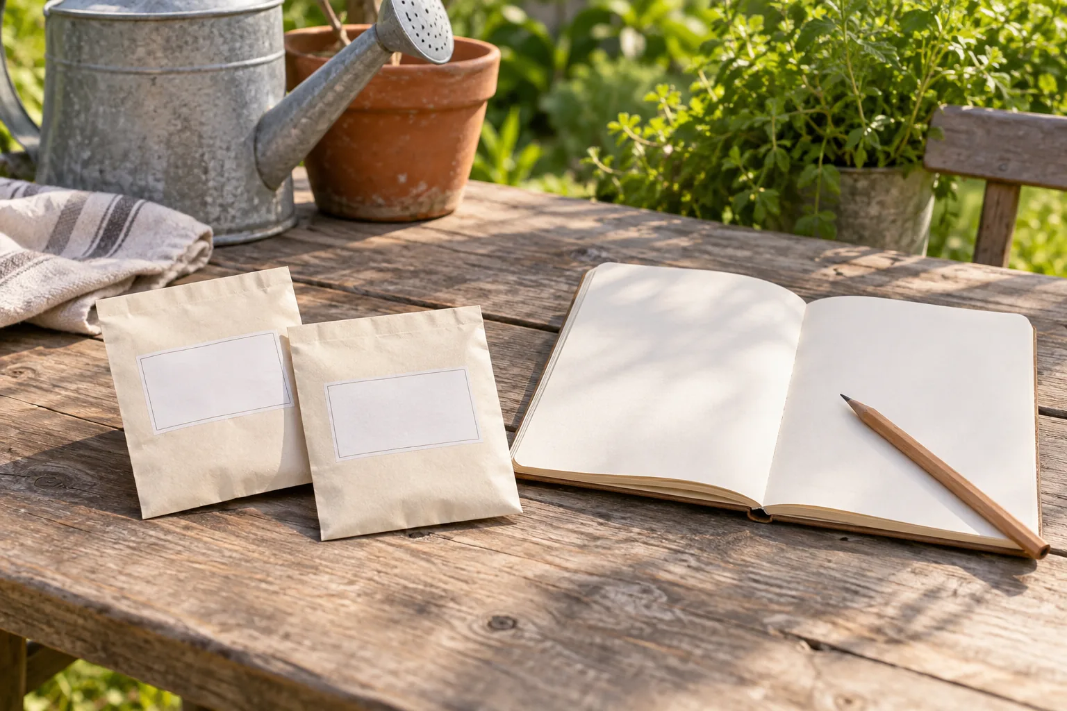 Hybrid and heirloom seed labels: two plain closed seed packets beside a blank notebook on a garden table.