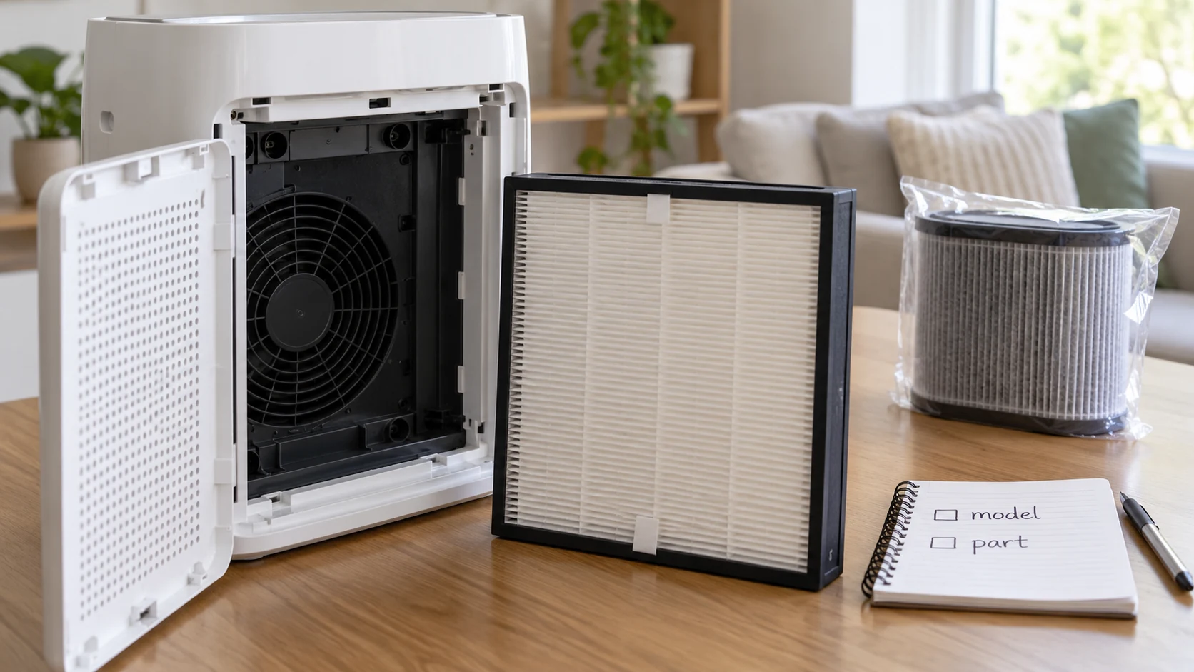 An air purifier replacement filter comparison setup with an open purifier, a rectangular filter, a second round filter, and a model-and-part checklist.
