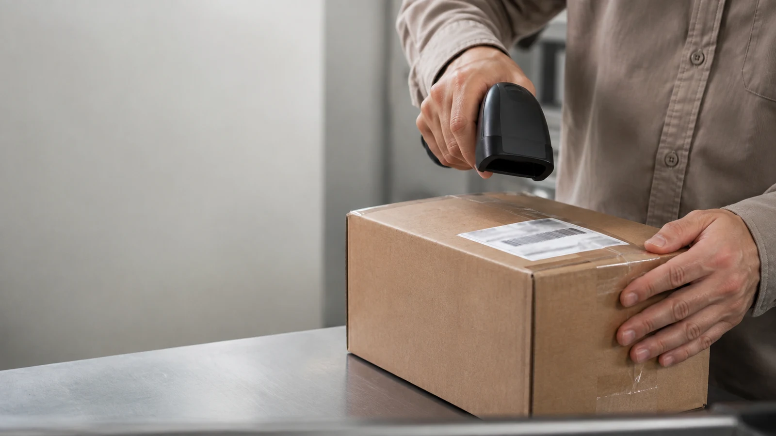 crypto order tracking: A person holds a handheld scanner above a labeled cardboard box on a metal counter.