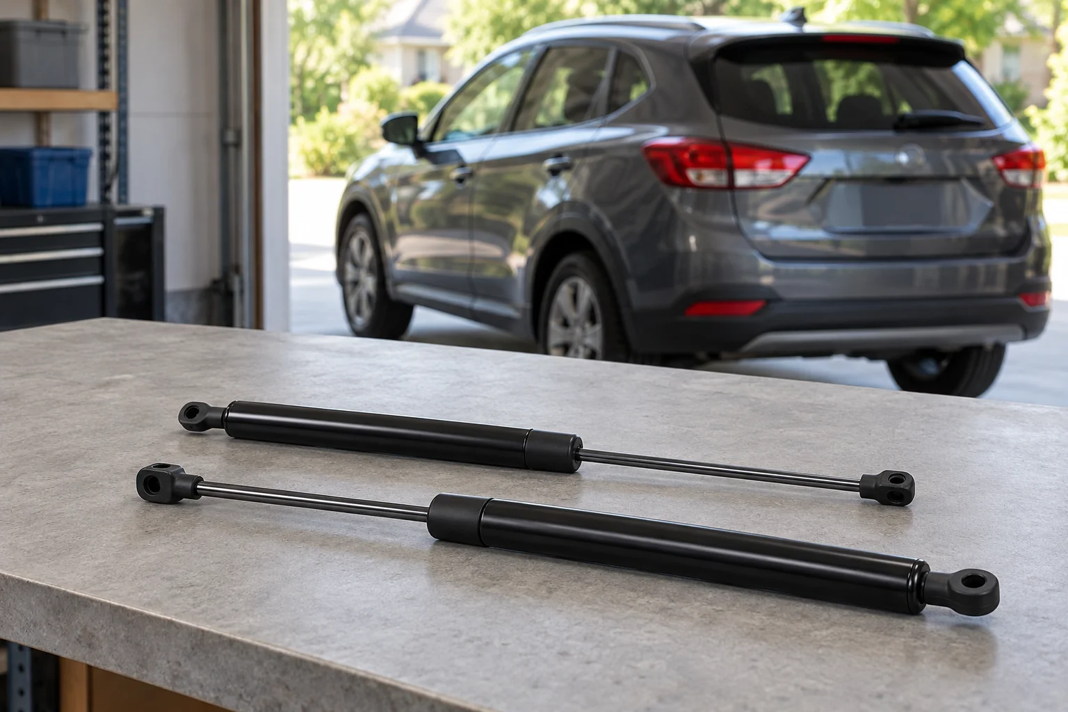 Conceptual gas spring compatibility scene with two separate generic supports on a bench beside a parked car.