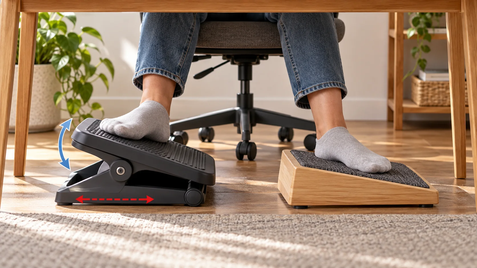 Under desk footrest moves while sitting, illustrated by an adjustable tilting platform and a fixed wooden support under a desk.
