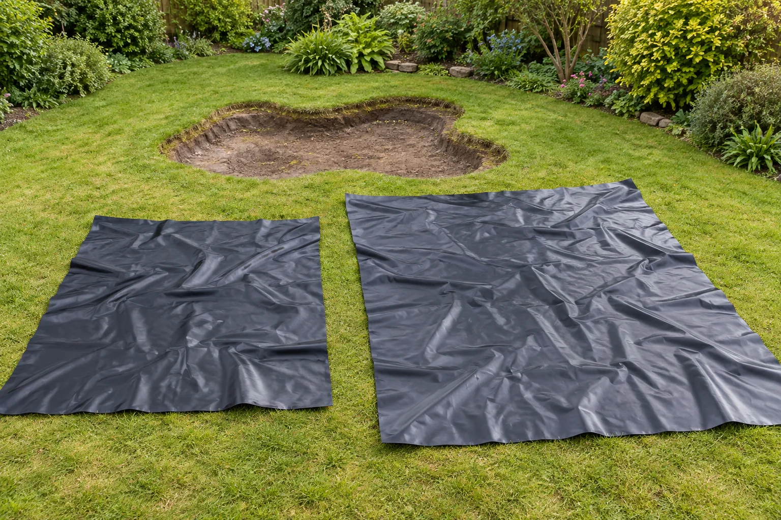 Two unfolded sheets beside a garden pond outline illustrate choosing a pond liner size with dimensions and edge allowance considered together.