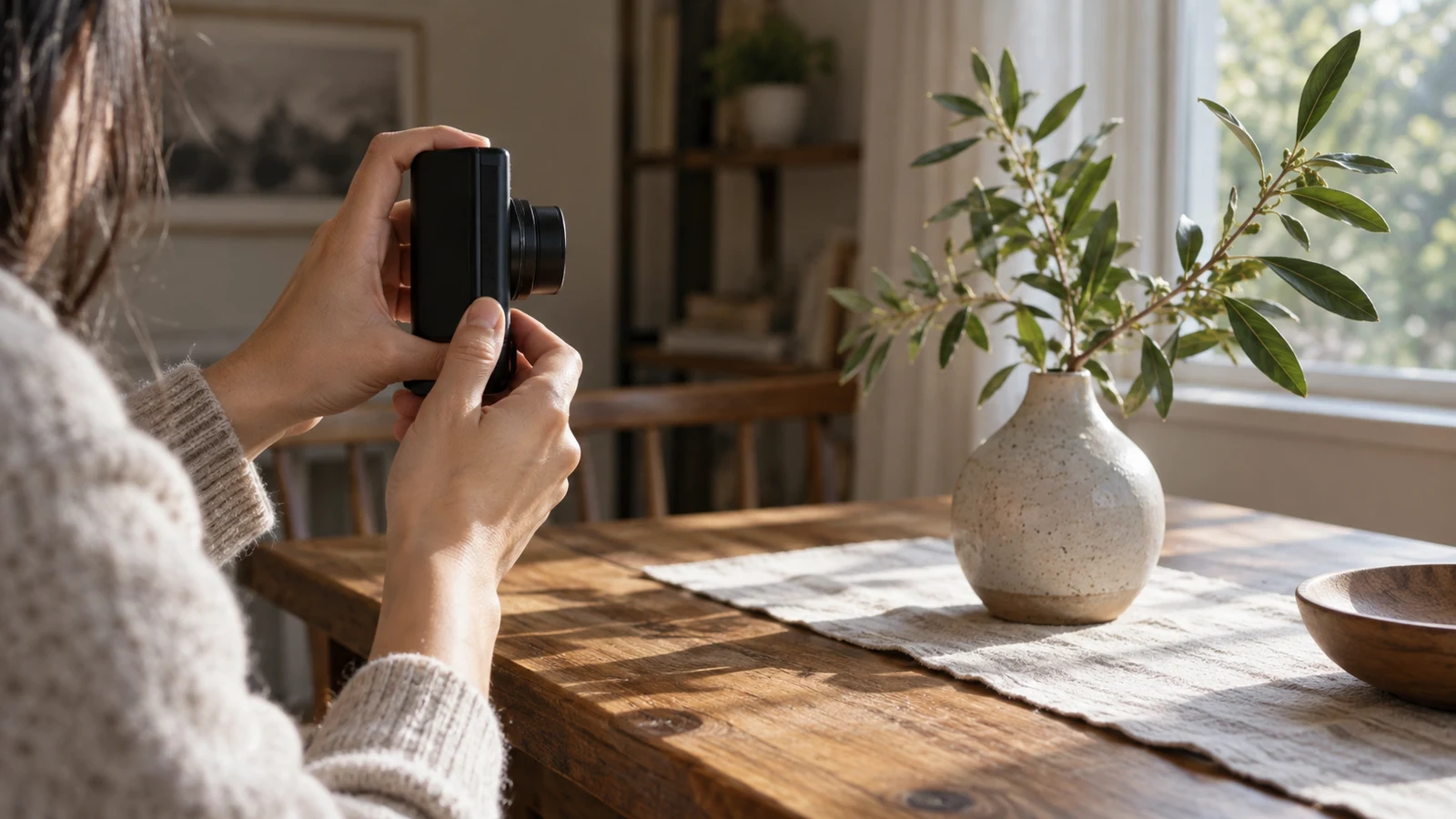 Sony ZV-1 II photo orientation planning: A person holds a compact camera vertically beside a sunlit table with a leafy branch in a vase.