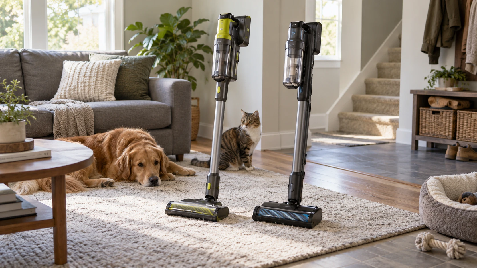 For Ryobi ONE+ HP 18V cordless pet stick vacuum kit, weigh batteries, pet-hair pickup, floor transitions, storage, filtration, and runtime claims.