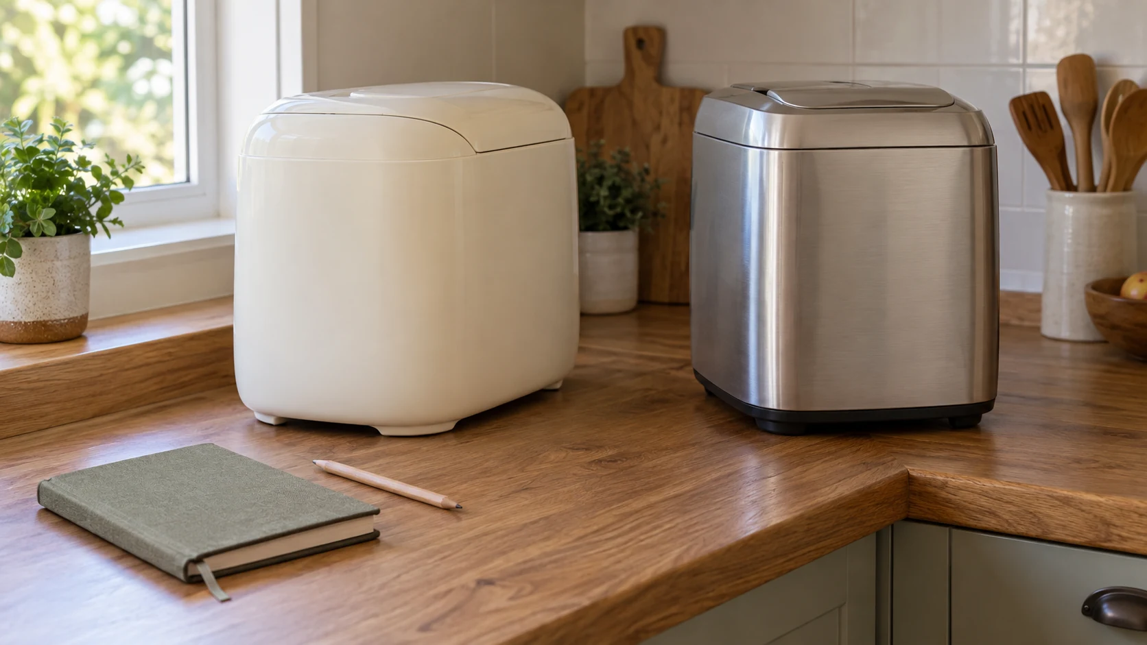 A bread recipe and machine program mismatch illustrated by two closed inactive generic bread makers and a blank notebook; no operating arrangement.