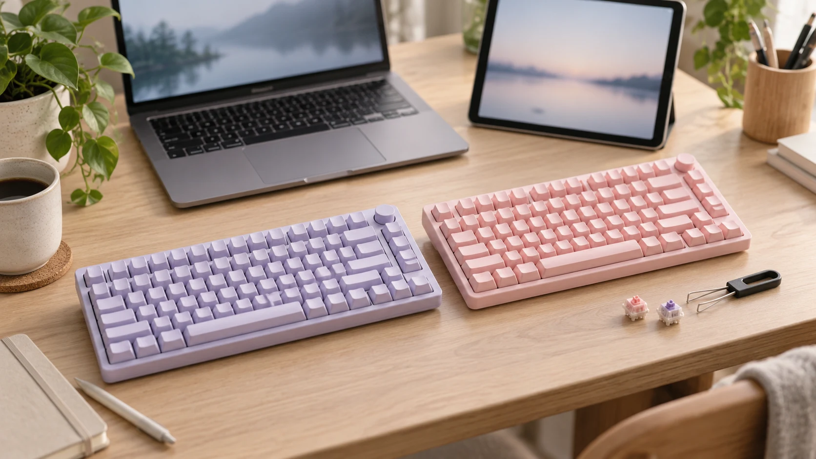 Logitech Alto Keys K98M vs MageGee LIGHT100 buying guide illustrated by two generic mechanical keyboards, a laptop, a tablet and loose switches beside a switch puller; a conceptual scene, not product photographs.