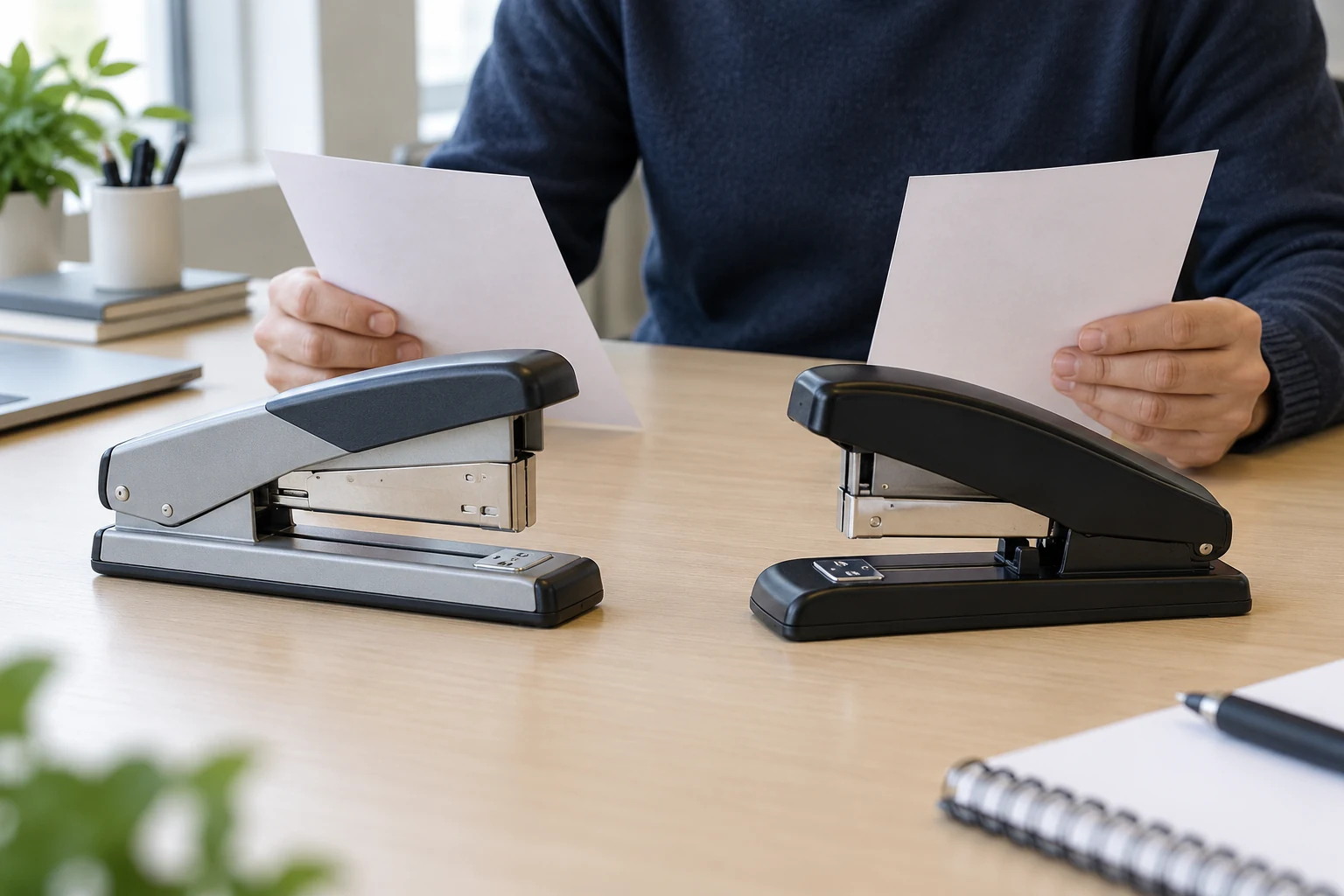 Manual stapler jam investigation with two heavy-duty desktop staplers and matching instruction sheets, distinguishing a release feature from a loading opening