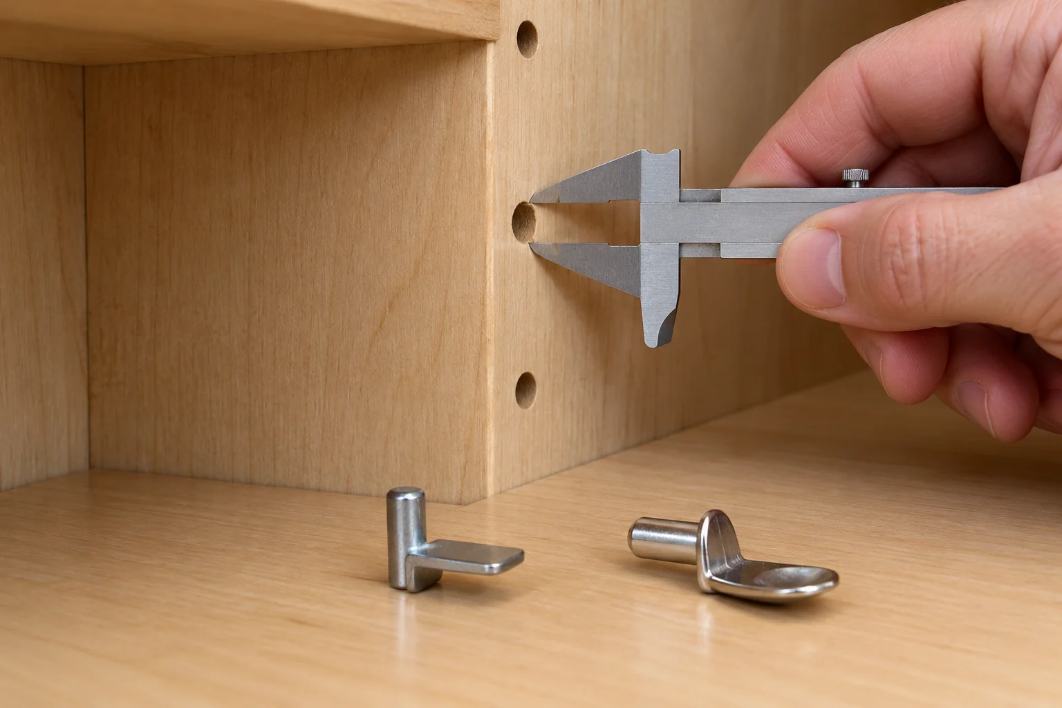 Cabinet shelf support pins beside a measured cabinet hole, showing two different shelf-rest shapes.