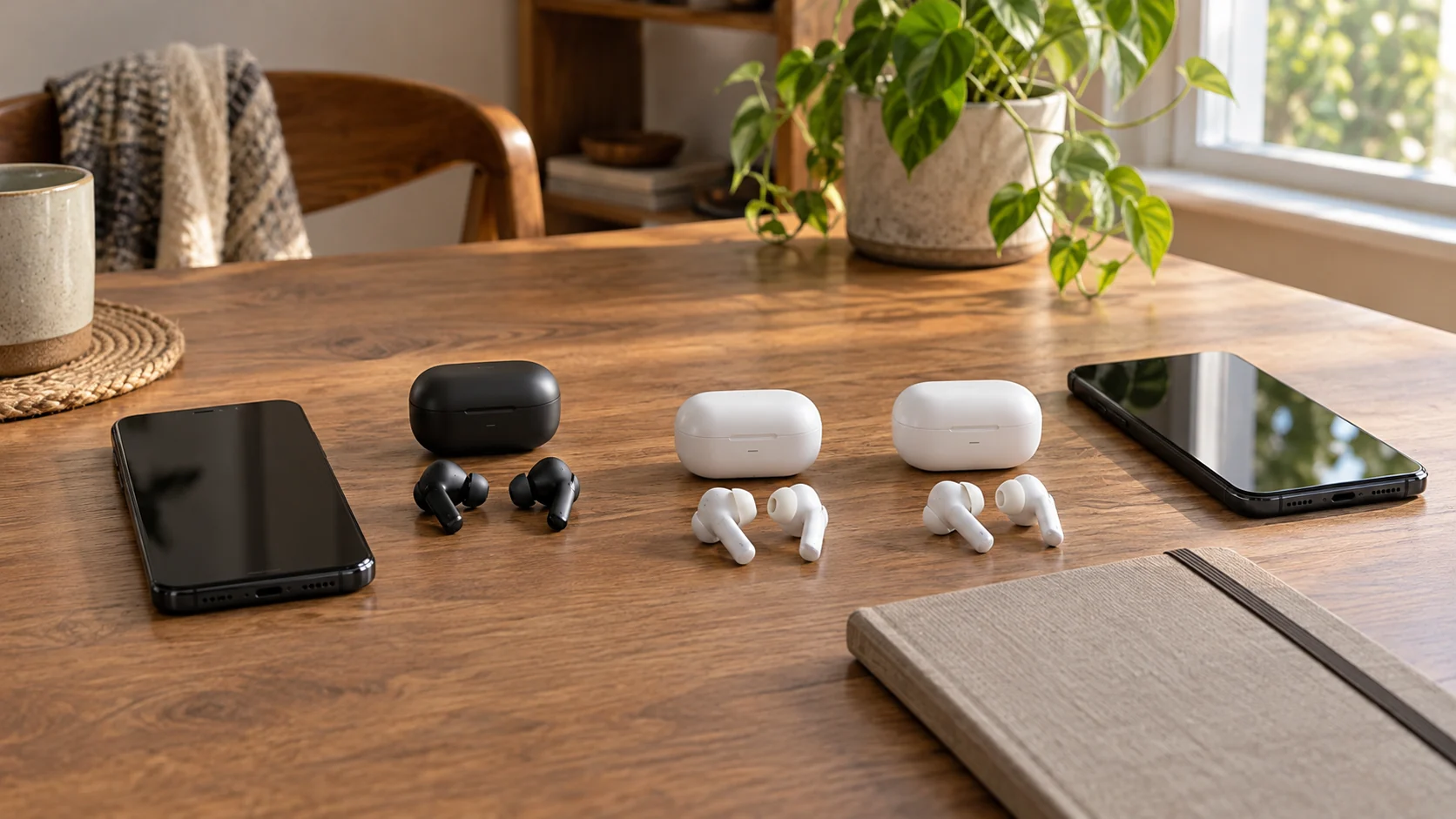 JBL Tune Flex 2 vs Apple AirPods 4 buying guide illustrated by generic black and white earbud sets beside phones and a notebook; conceptual quantity planning, not actual retail models.