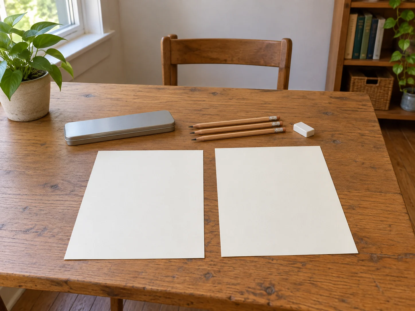 Wordless comic drawing session illustrated by three complete generic pencils, a closed plain tin, block eraser and two blank whole paper sheets on a hobby table.