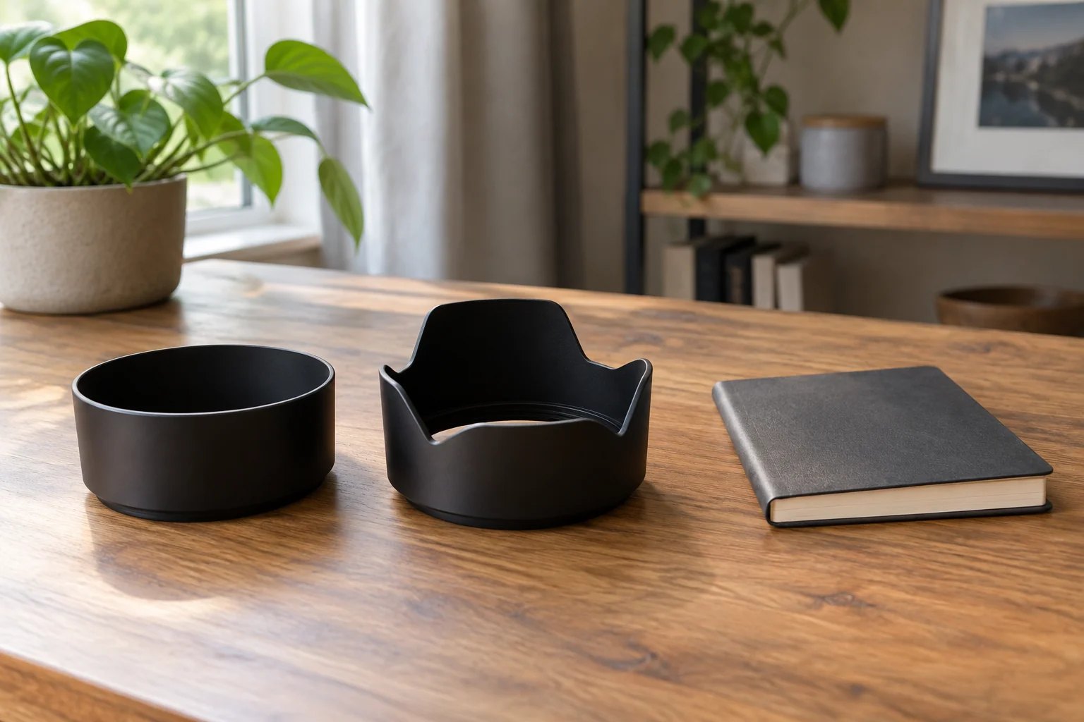 Lens hood compatibility concept with two complete generic unattached black hoods and a closed blank notebook on a household photography desk.