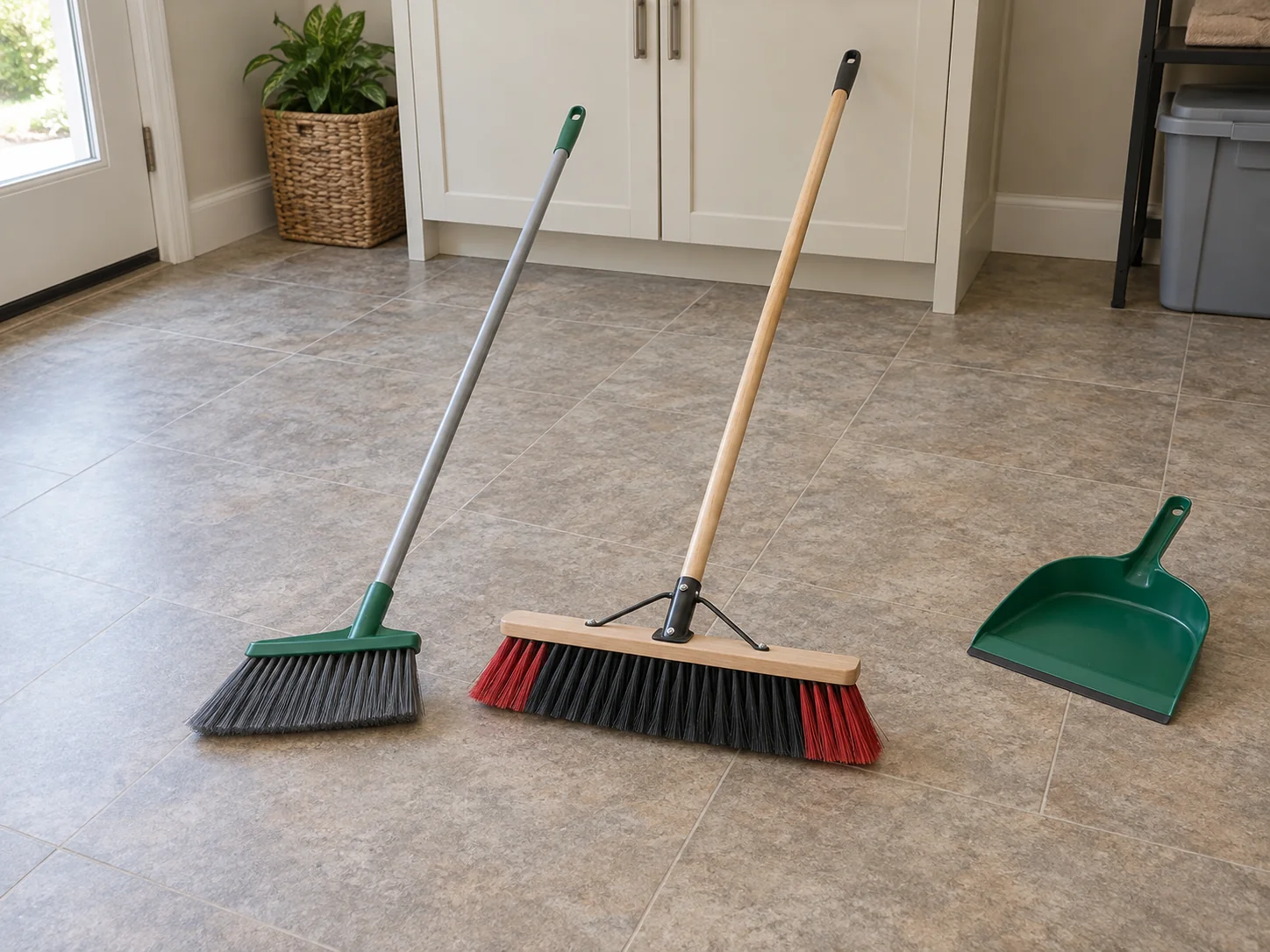 Broom misses cabinet edges concept with two whole generic inactive manual brooms and a whole separate dustpan; no exact models, fit or sweeping result shown.