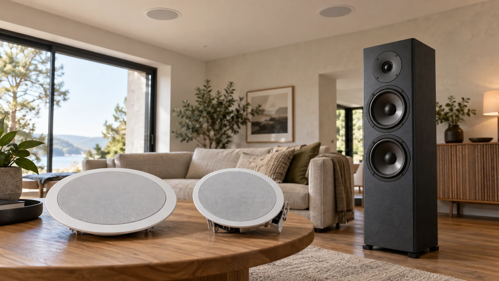 Sound Around ceiling speaker kit: Two round white speakers sit on a wooden table beside a black floorstanding speaker.