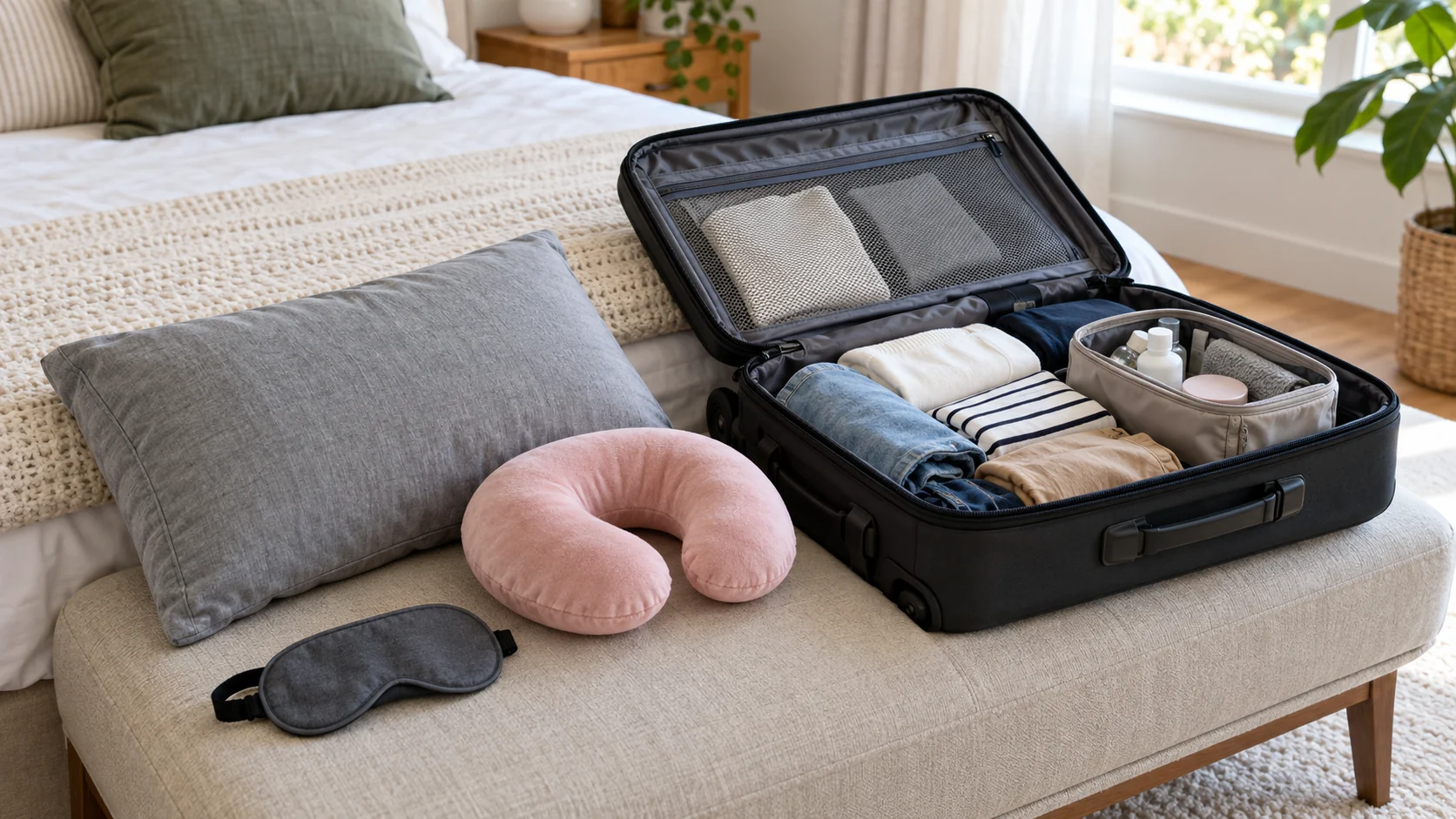 travel rest kit packing routine with a grey rectangular pillow, pink neck pillow, eye mask and open carry-on beside a separate toiletries pouch.