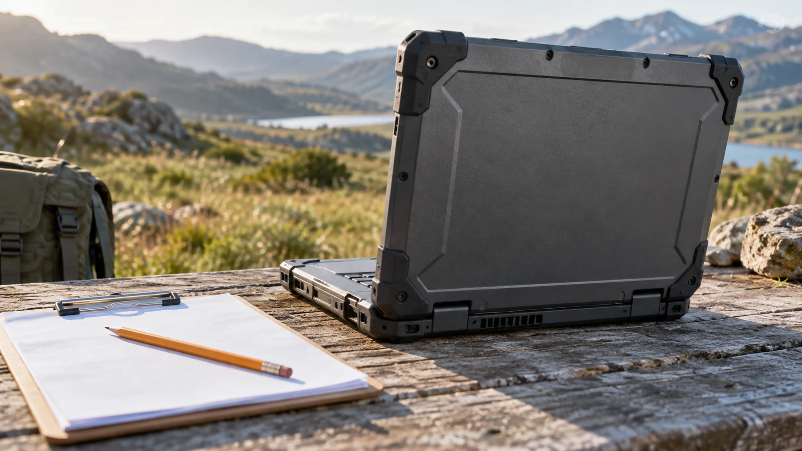 Getac B300G7 rugged laptop: An unbranded rugged laptop sits beside a clipboard and pencil on an outdoor wooden table.