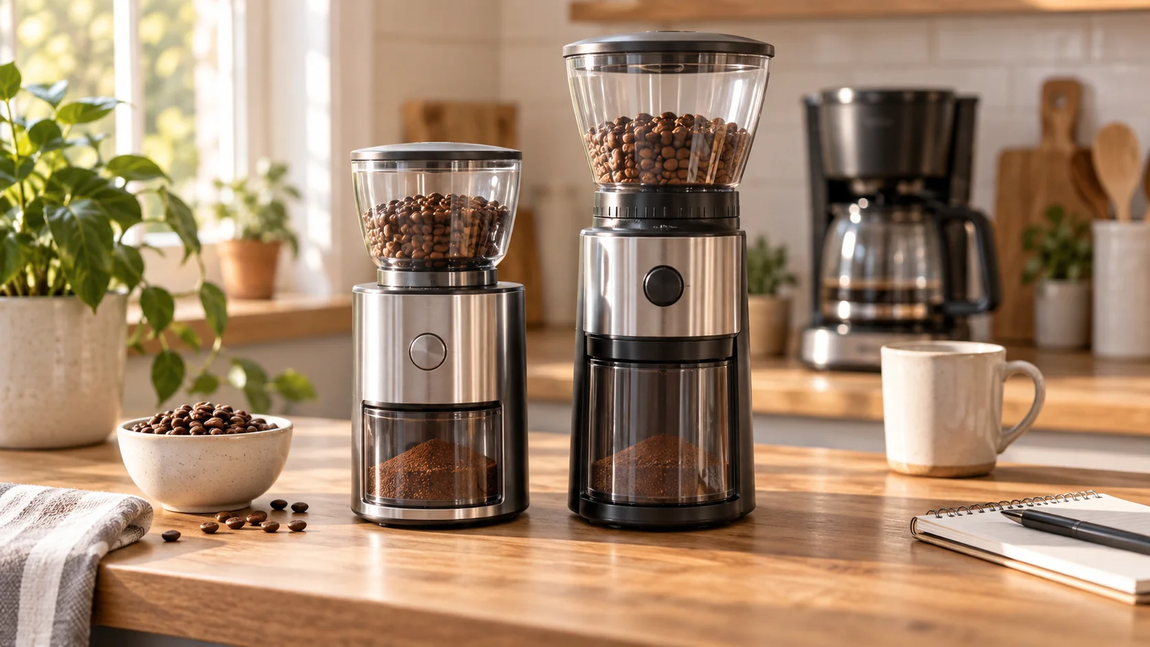 Cuisinart DBM-8WM vs OXO 8717000 shown with generic burr coffee grinders and beans on a brewing counter; conceptual illustration, not actual models, included parts or tested grind quality.