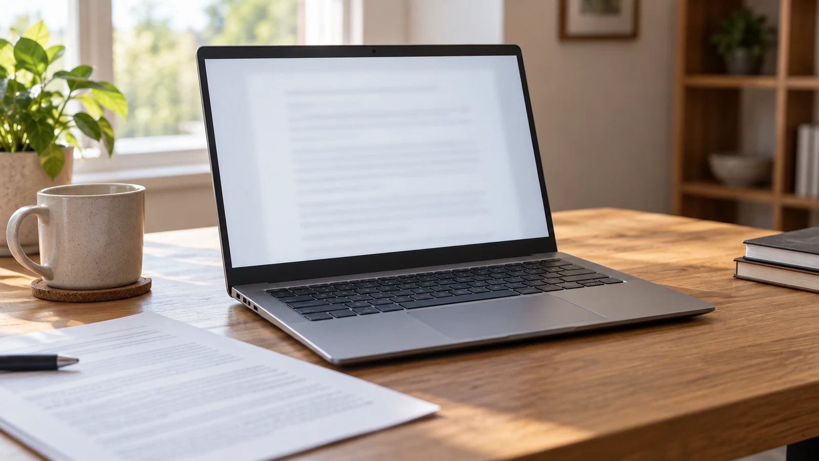 Dell Inspiron document readability: An open unbranded laptop sits beside paper and a mug on a wooden desk.