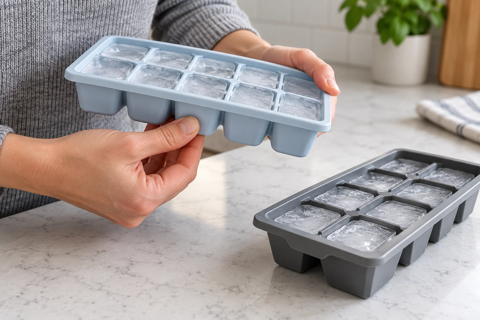 Ice cubes stuck in tray as a hand checks one cavity from below, with another tray nearby for a release-surface comparison.
