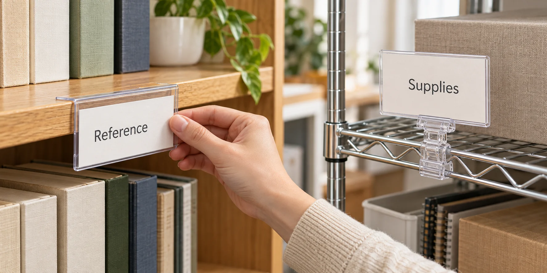 Shelf label holder setup showing a changeable sign at a shelf edge beside a wire shelf clip test