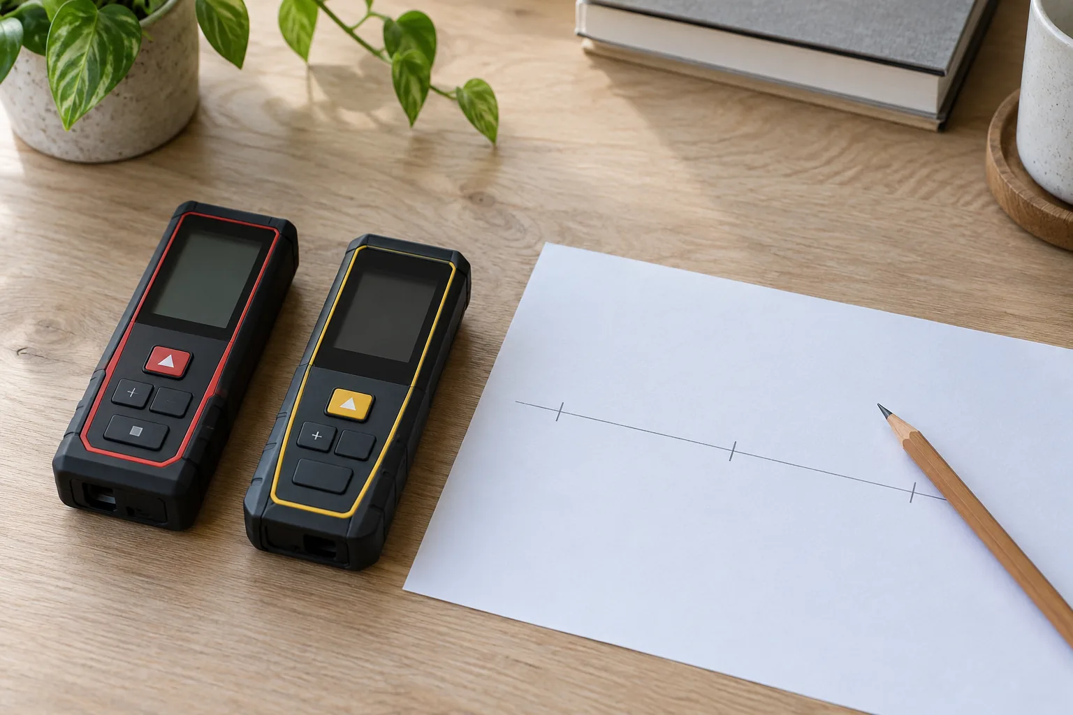 Laser distance meter reference points illustrated by two complete inactive generic meters beside a marked paper line and pencil