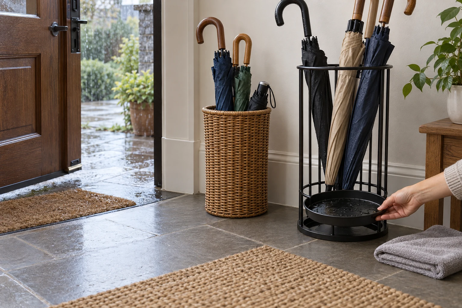 Umbrella stand drip tray and wet entry floor illustrated by compact woven and open metal holders beside a rainy doorway.