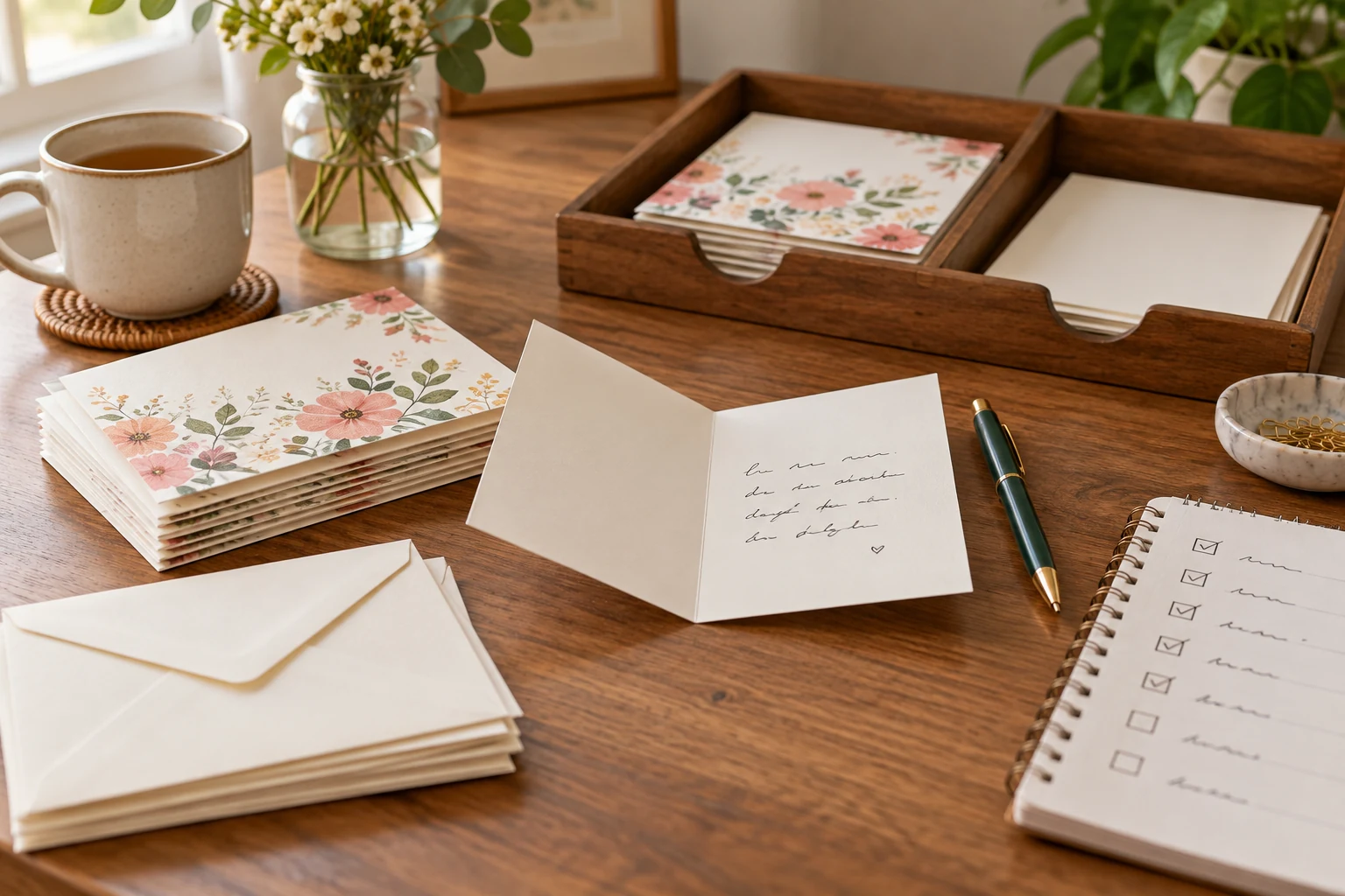 how to prepare a batch of thank you cards showing floral cards, envelopes and a recipient checklist on a writing desk.