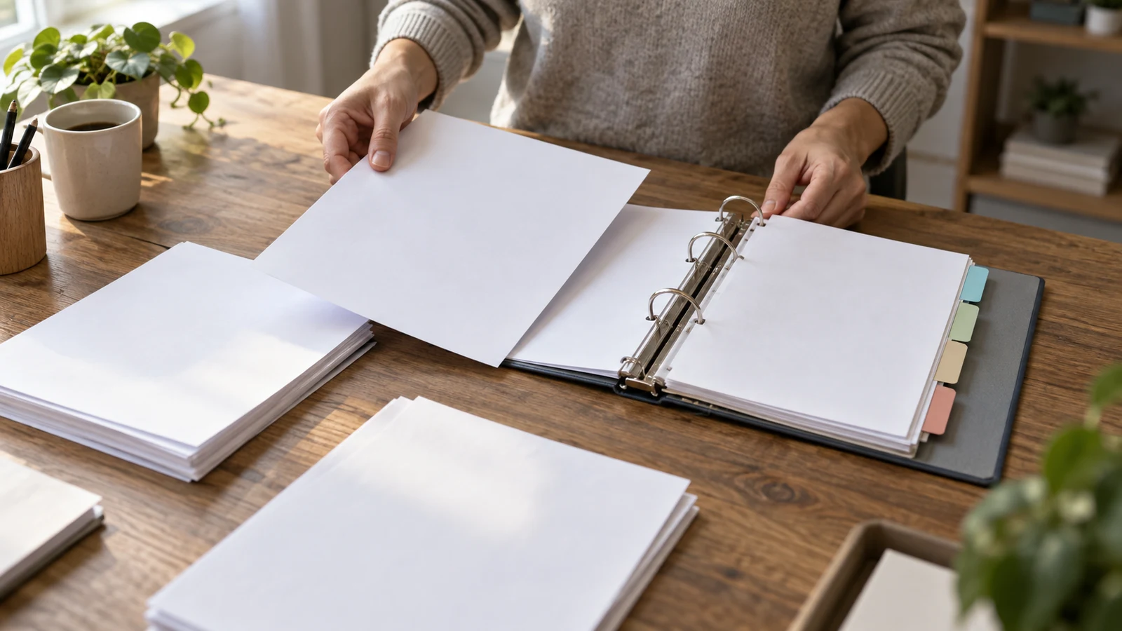 report appendix planning: A person holds a blank sheet beside an open tabbed binder on a wooden desk.