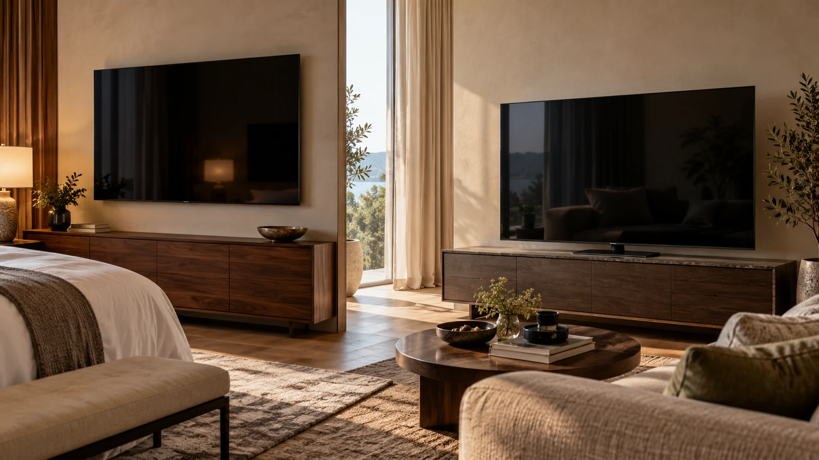 RCA J75PS1440 hospitality TV: Two dark-screen televisions stand above wooden consoles beside a bed and sofa.