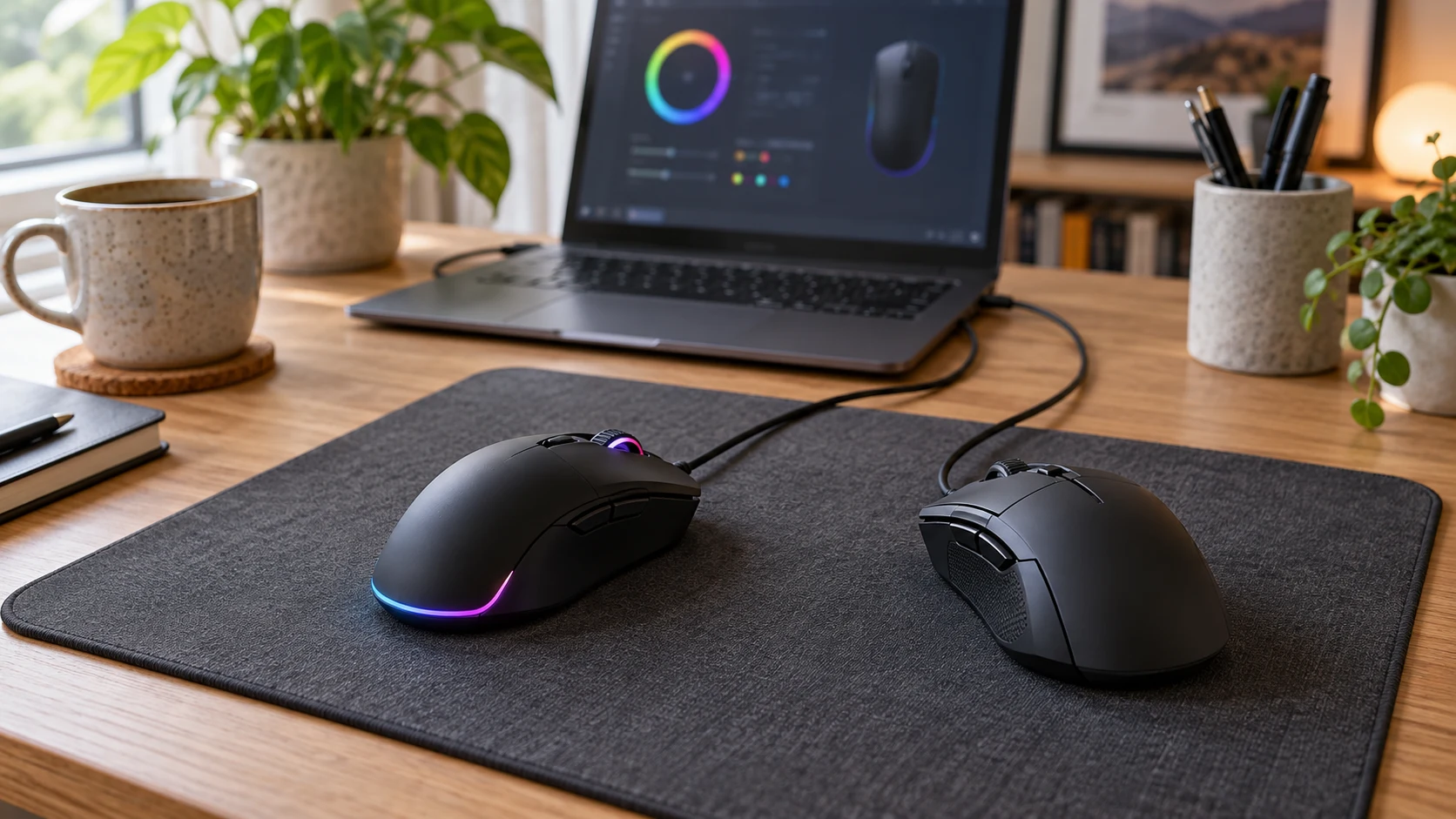 Logitech G203 vs SteelSeries Rival 3 Gen 2 buying guide represented by two generic wired mice on a computer desk; conceptual editorial illustration, not photographs of the retail models.