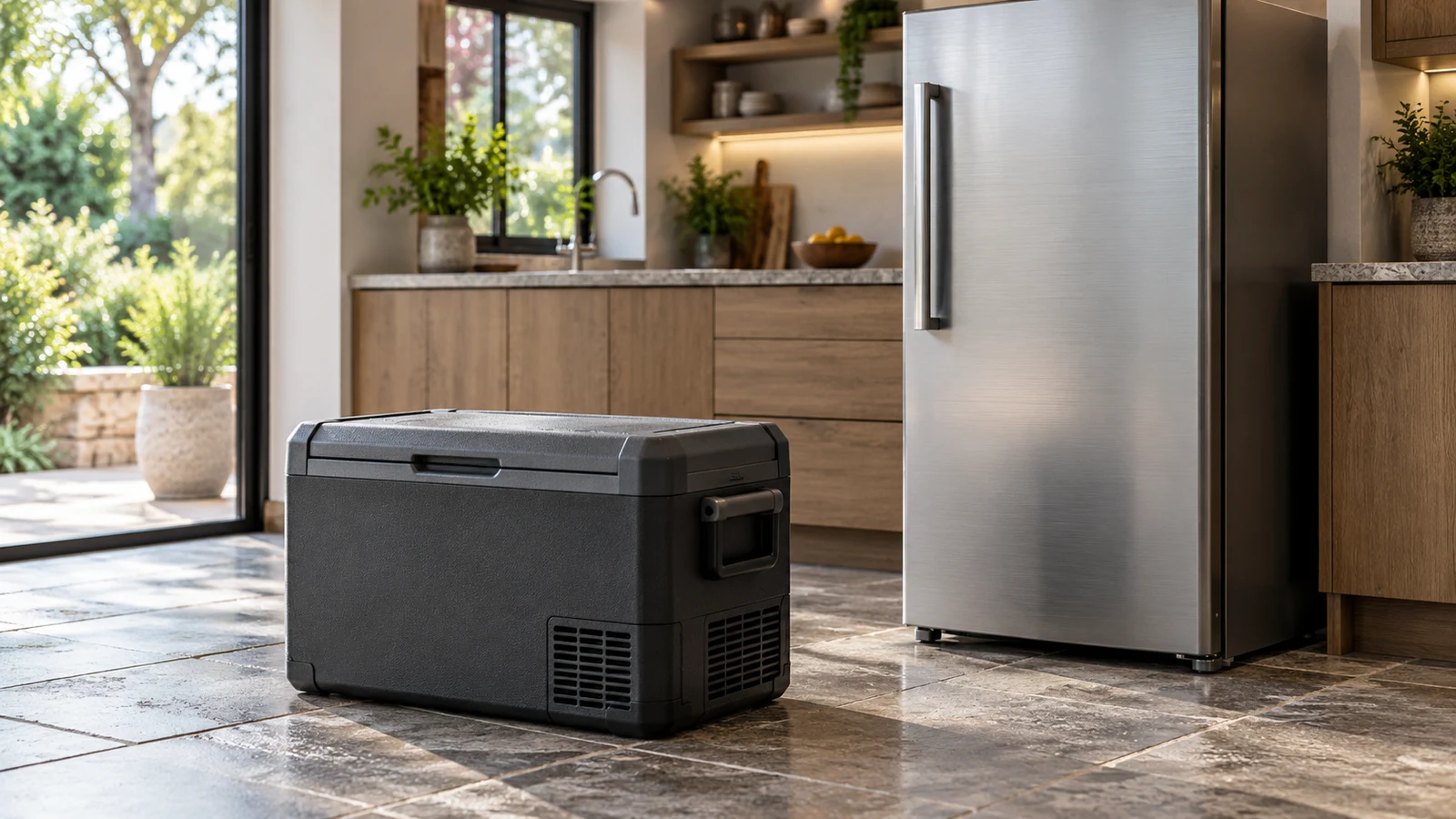 CAMOTUSE 32L car fridge: A dark portable refrigerator sits beside an upright silver refrigerator in a sunlit kitchen.