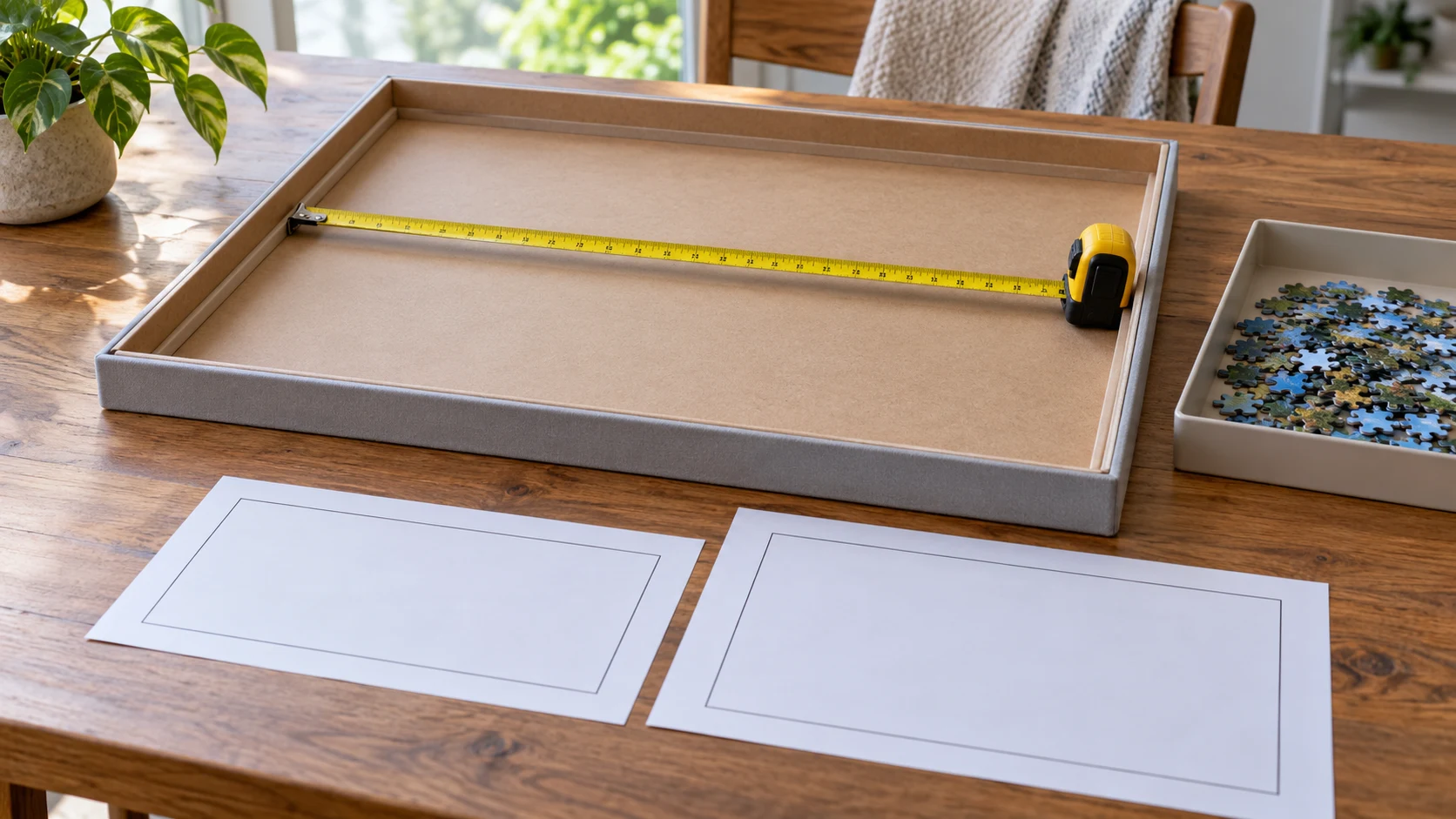 Measure a jigsaw puzzle work surface: a tape spans the clear interior of an unbranded puzzle tray while loose pieces stay in a separate sorting tray