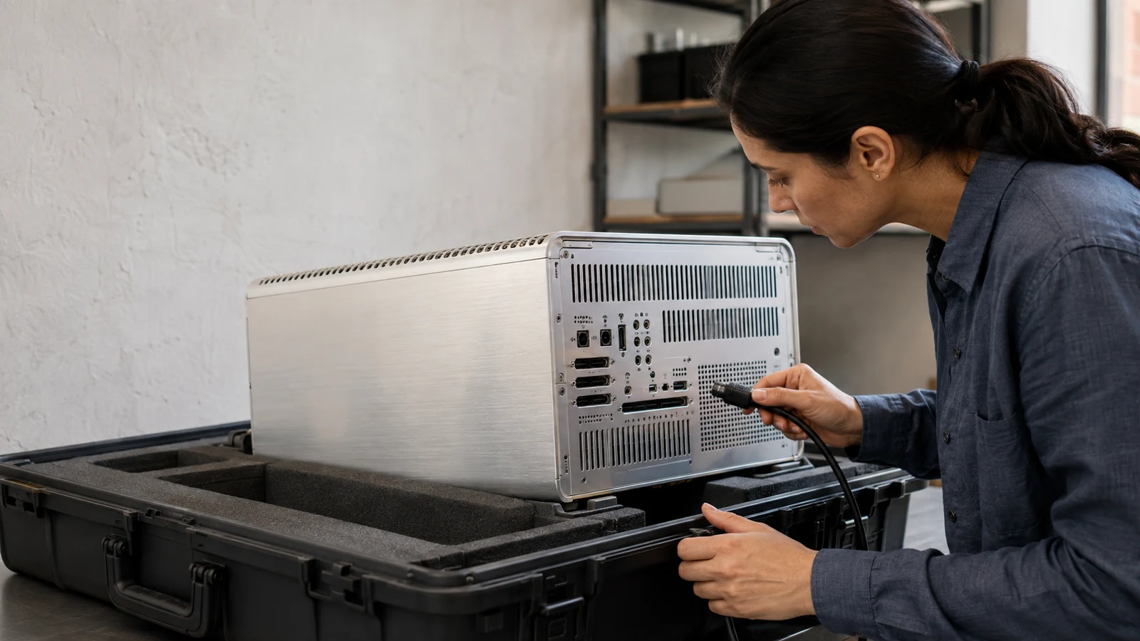 high value crypto purchases: A woman holds a cable connector beside a silver computer in a foam-lined case.