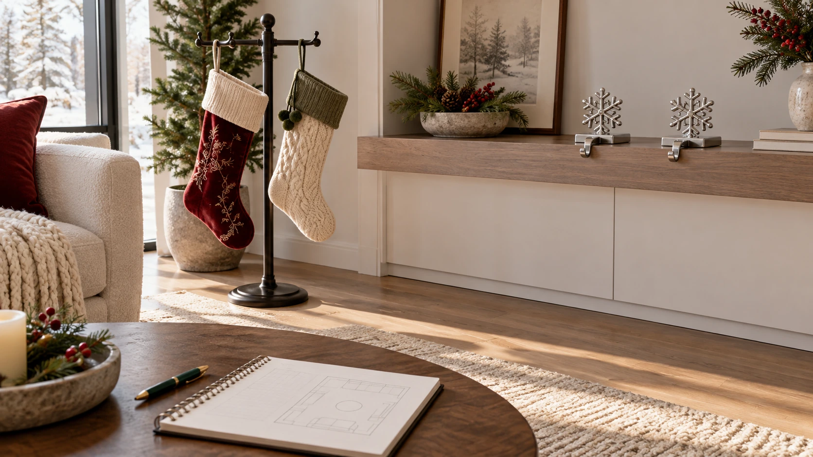 Christmas stocking display planning with a freestanding stand, two snowflake shelf holders and a room sketch.