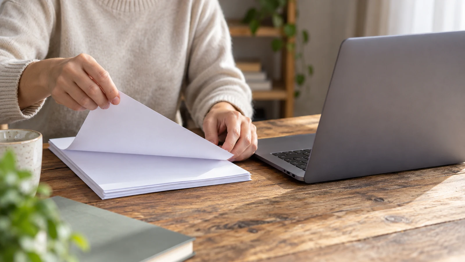 Dell Inspiron PDF page extraction: A person lifts a blank sheet beside an unbranded laptop on a wooden desk.