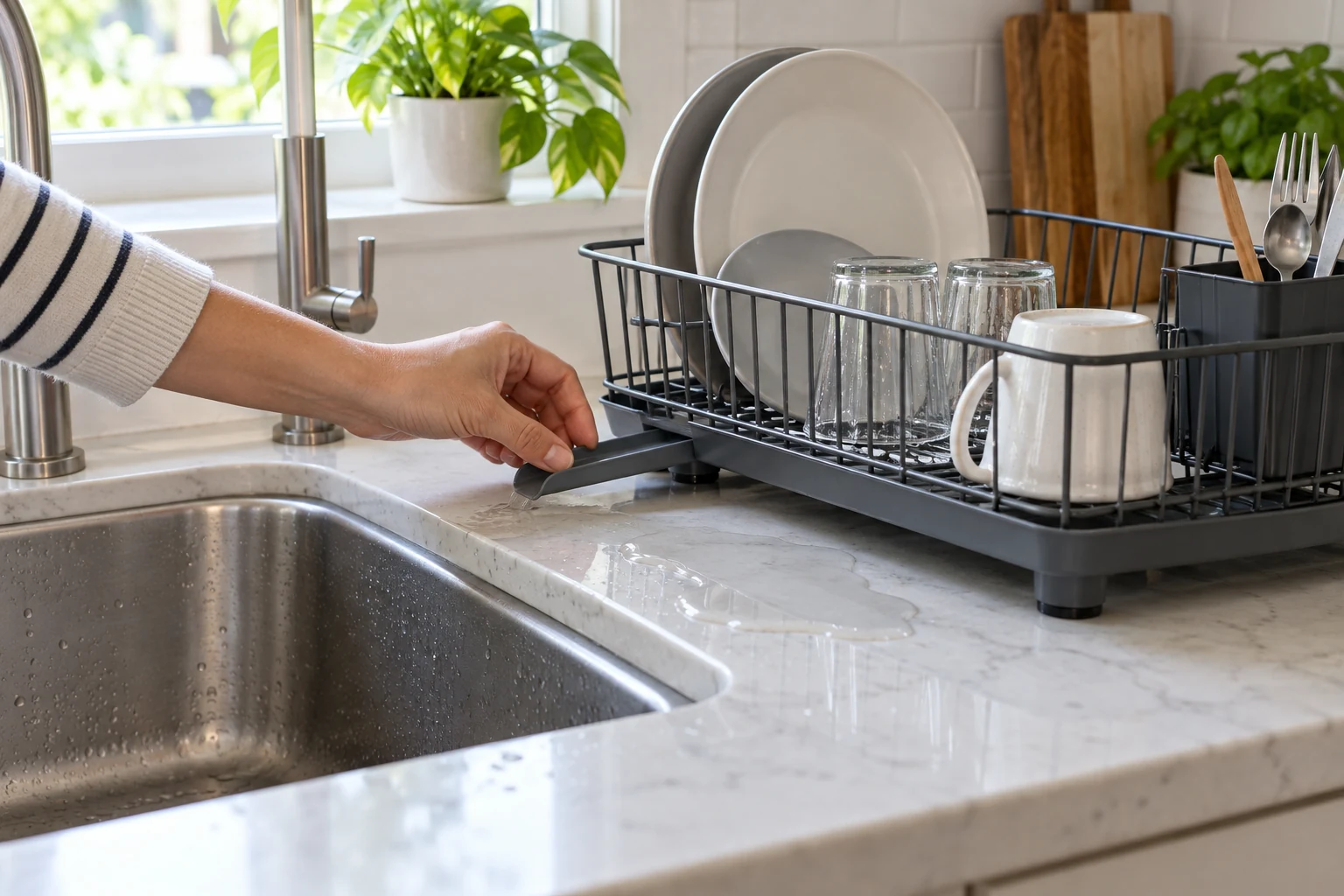 Dish rack water on the counter as a hand adjusts a drainboard spout near a sink beside a visible wet patch.