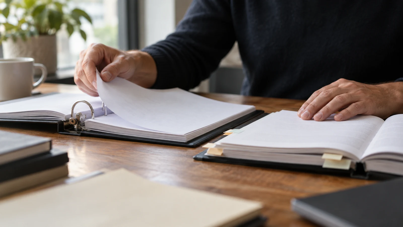 document cross references: A person lifts a binder page beside an open tabbed document on a wooden desk.